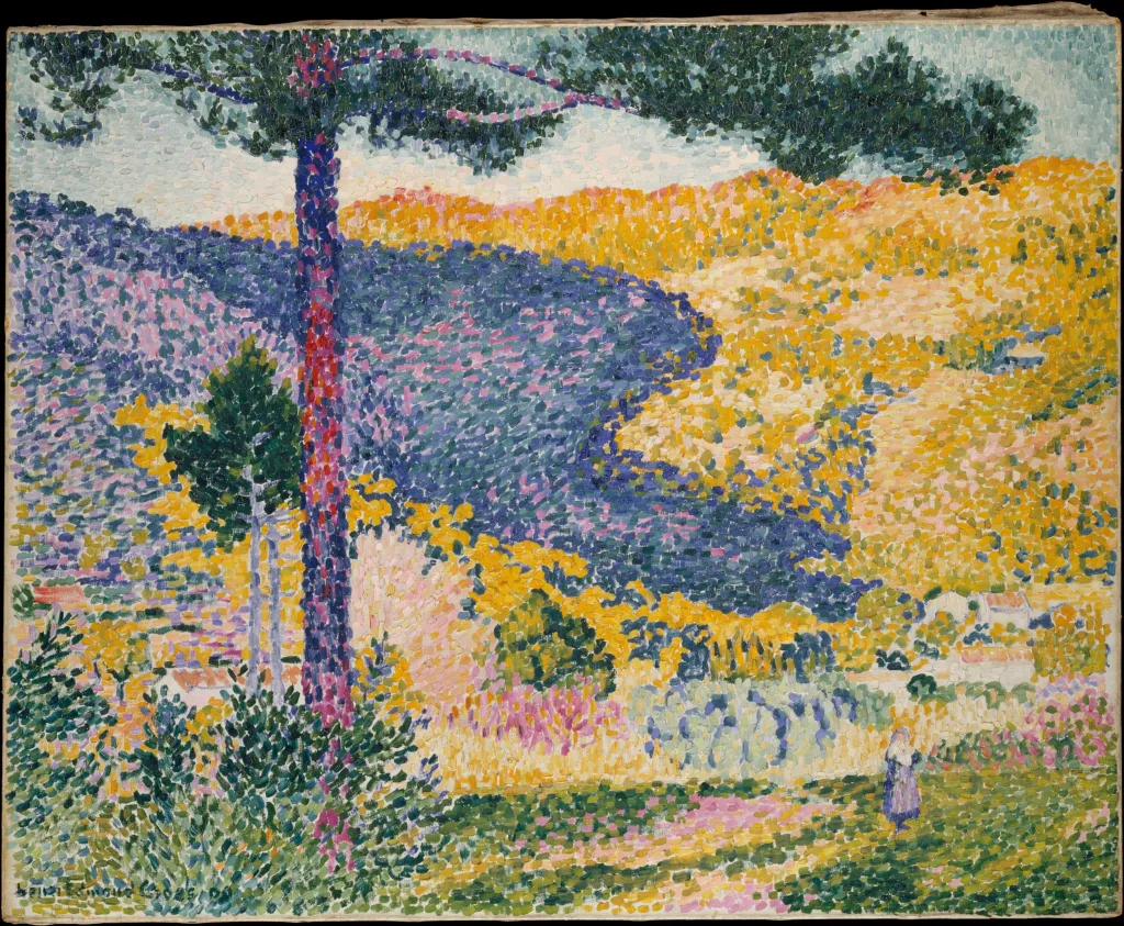 "A painting depicting a lush landscape made in the neoimpressionist style with many small brush strokes in green, purple, and yellow."